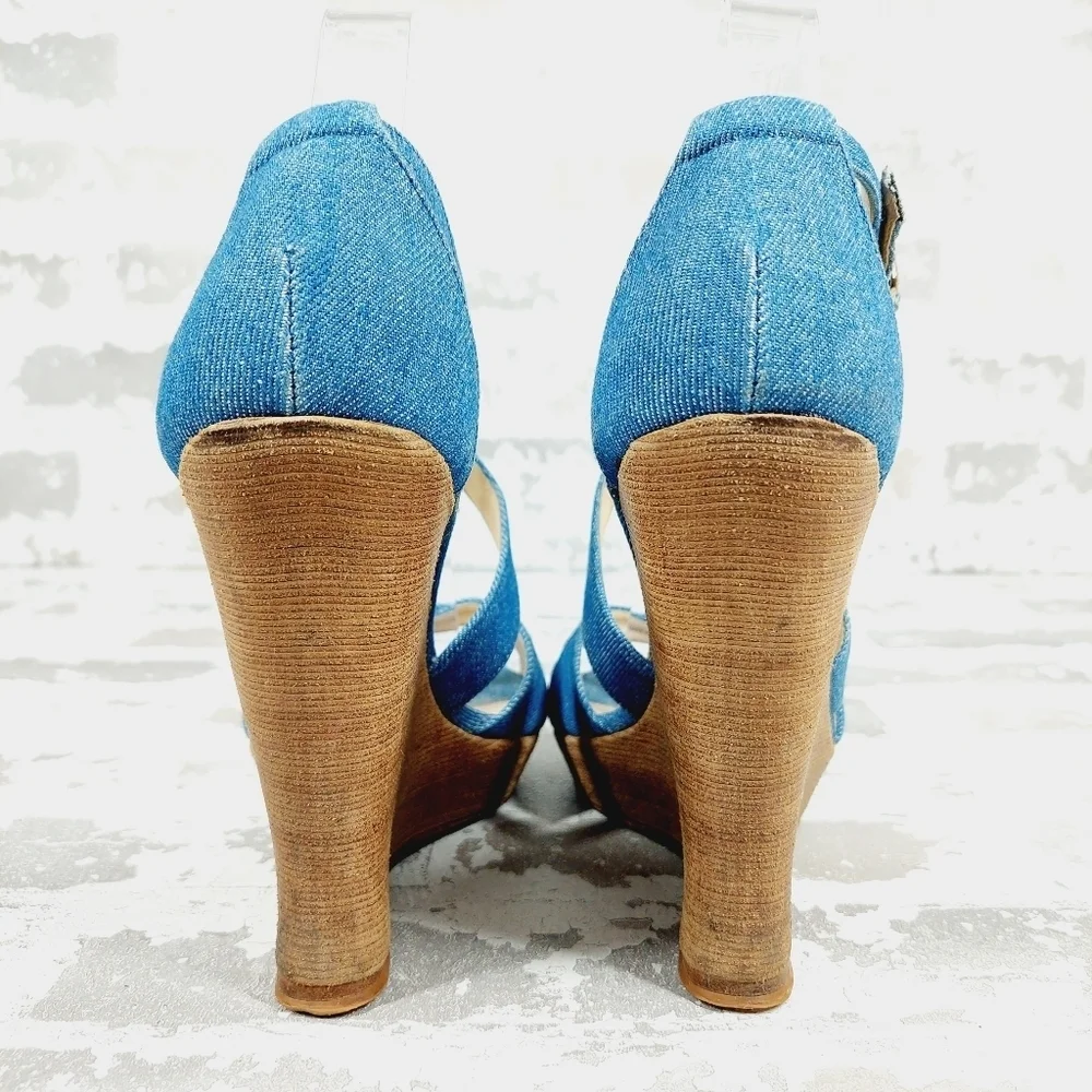 Alexandre Birman Denim Fabric Wedge Slip On Buckle Ankle Strap Sandals O135